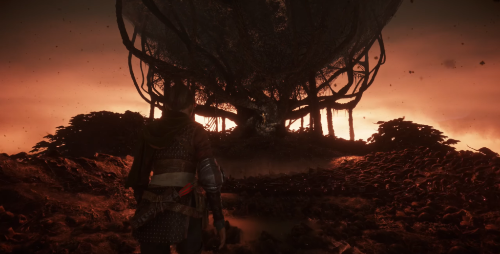 Knight facing ominous tree silhouette sunset.