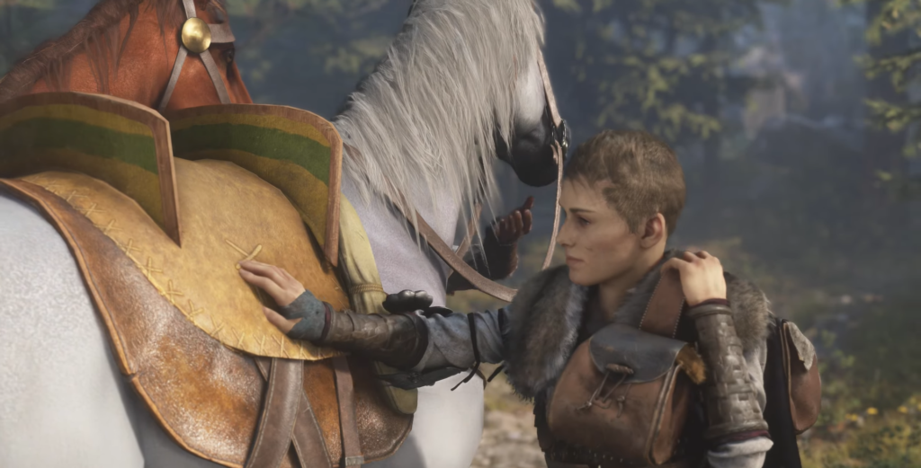 Girl touching horse saddle in forest.