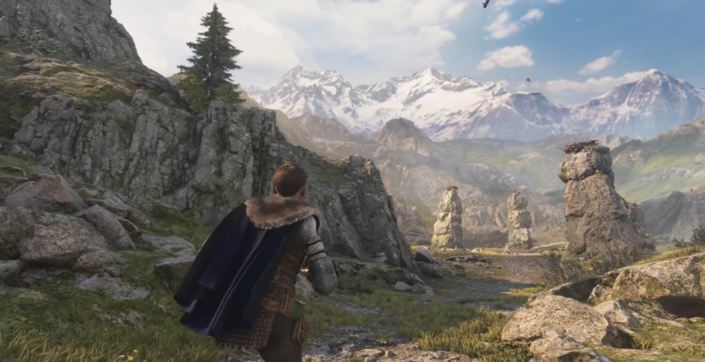 Man in fur-lined cloak gazes mountains.