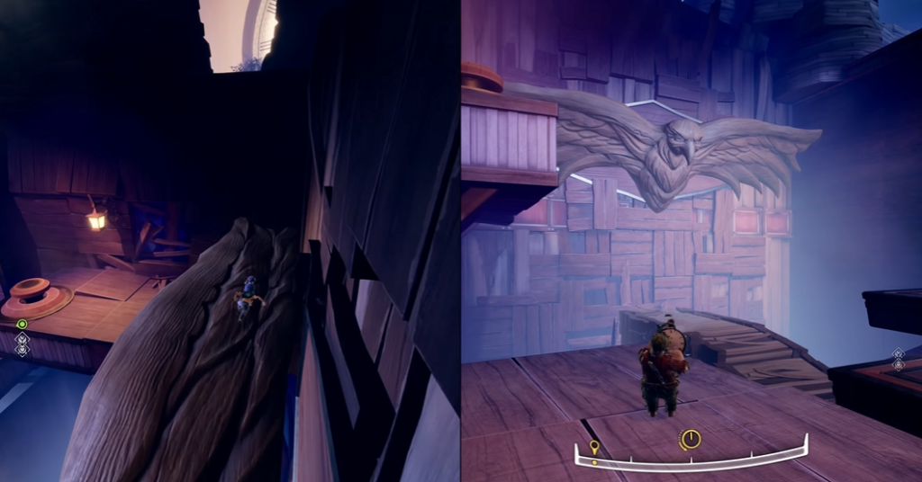 It Takes Two characters exploring wooden platform in workshop