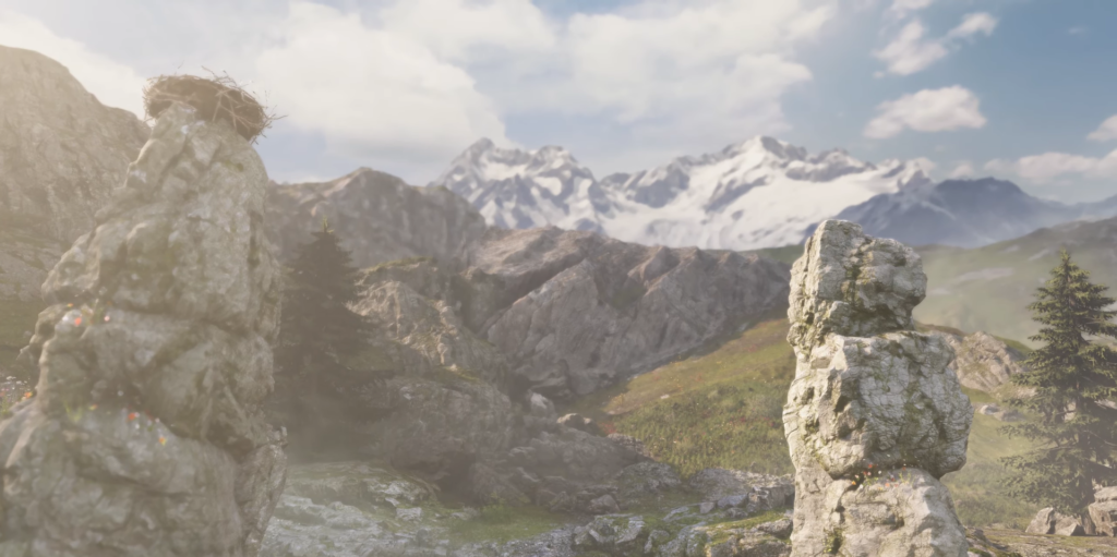 Mountain landscape with rocky formations.