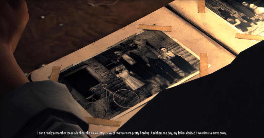 Black-and-white photos taped on wood.