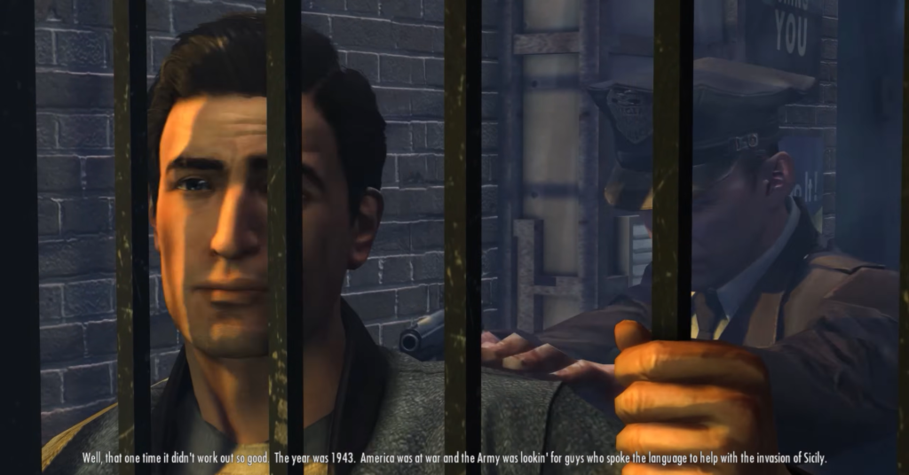 Man behind bars, 1940s setting.