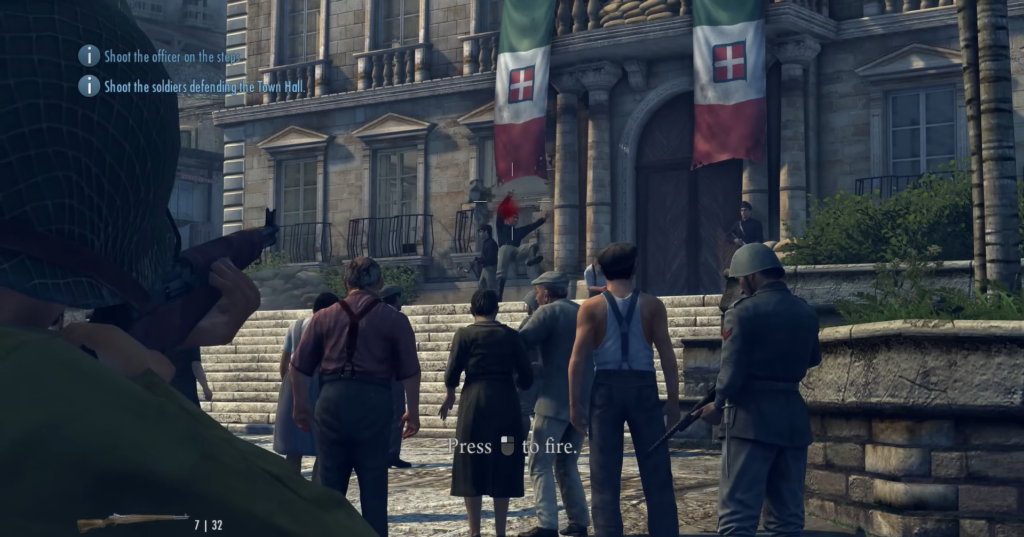 Soldiers confronting civilians outside building.