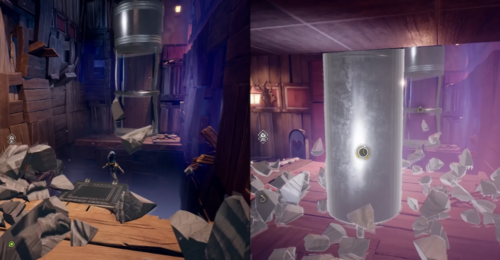 Player jumping near floating metal cylinder in wooden room