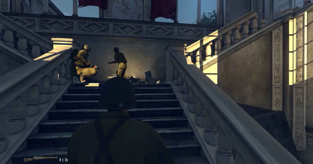 Soldier ascending stairs, two soldiers seated.