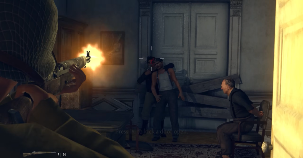 Gunman aiming at hostage situation indoors.