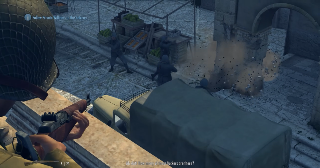 Soldier aiming rifle at enemy gunfire.