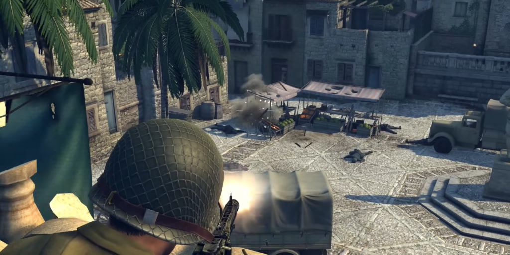 Soldier firing gun at market explosion.