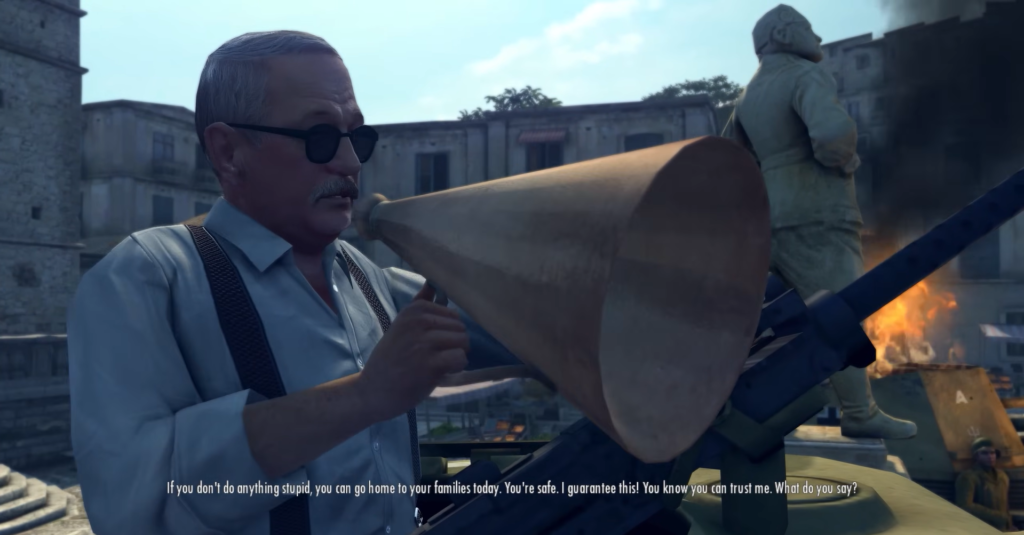 Elderly man speaking through megaphone.