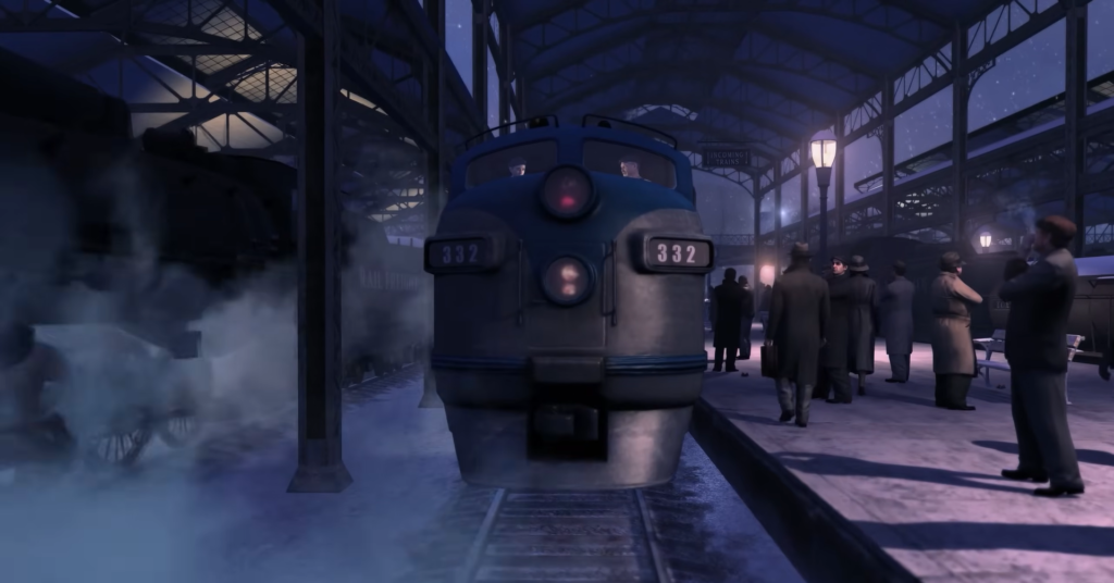 Steam locomotive at night station platform.