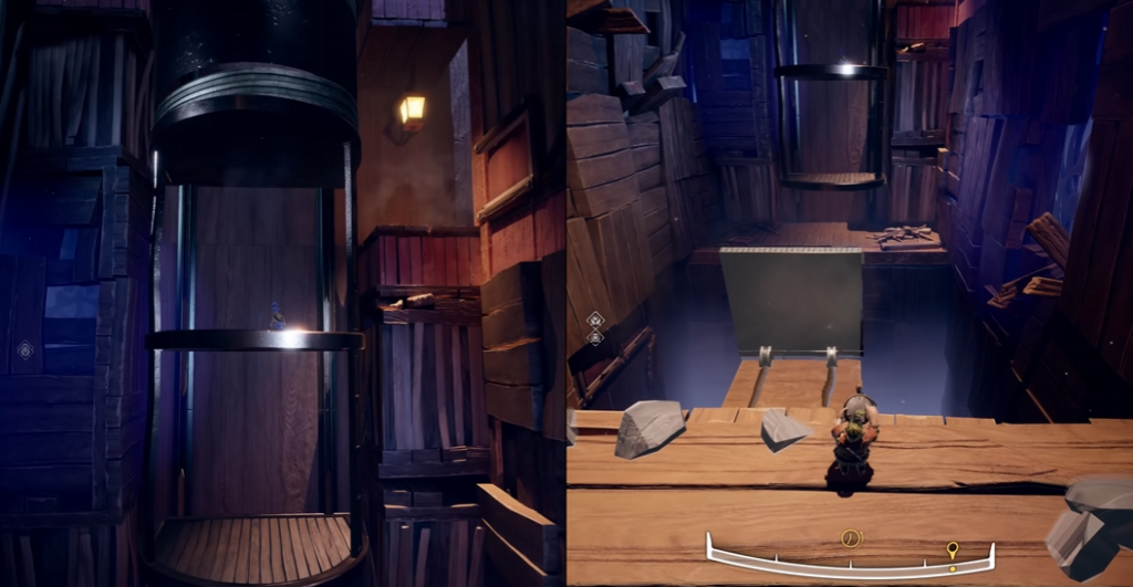 It Takes Two character aiming slingshot on wooden platform