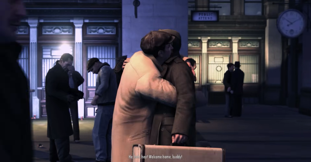 Two men embracing on city street.