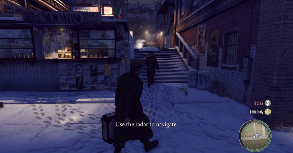 Man with briefcase walking snowy street.