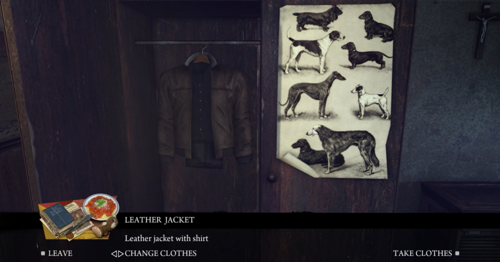 Leather jacket hanging beside dog poster.