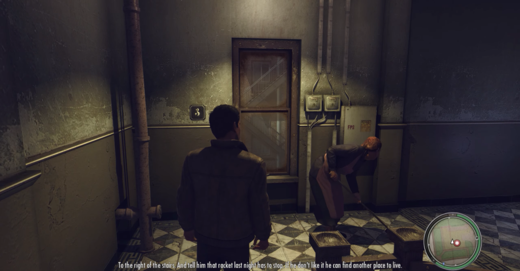 Man in leather jacket observes woman.