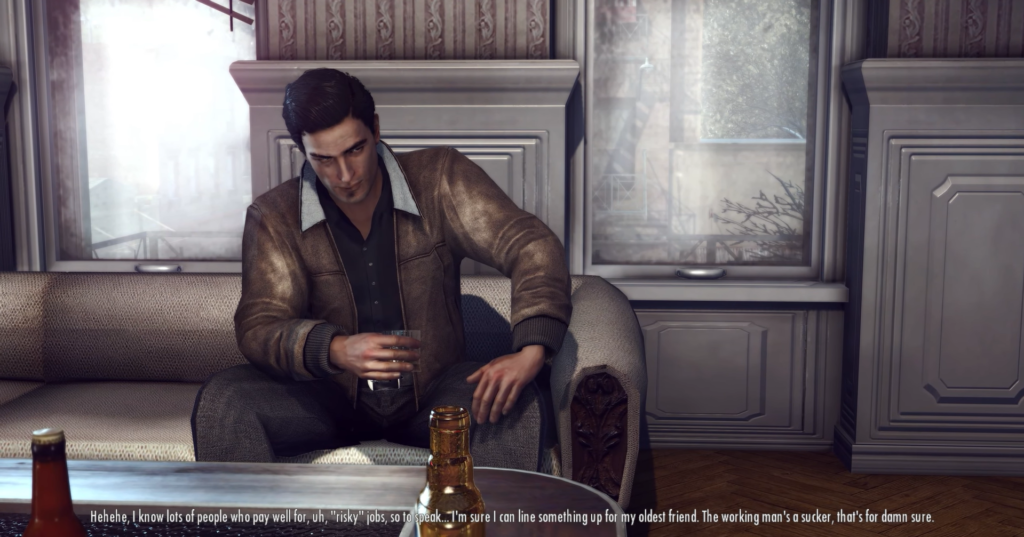 Man in brown jacket holding drink.