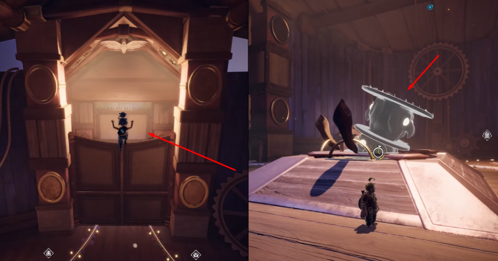 It Takes Two characters facing mechanical platform indoors