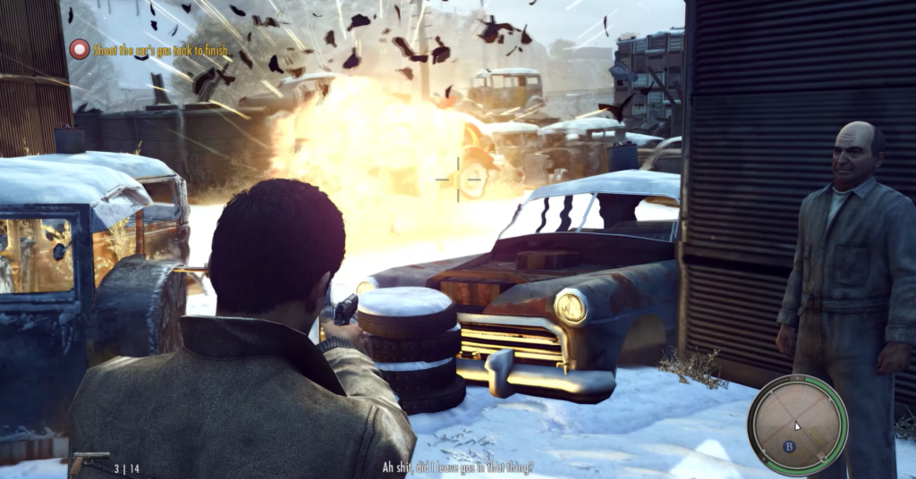 Man aiming gun at exploding car.