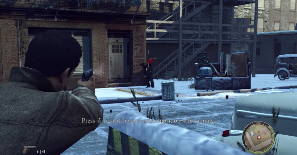 Man aiming gun at woman outdoors.