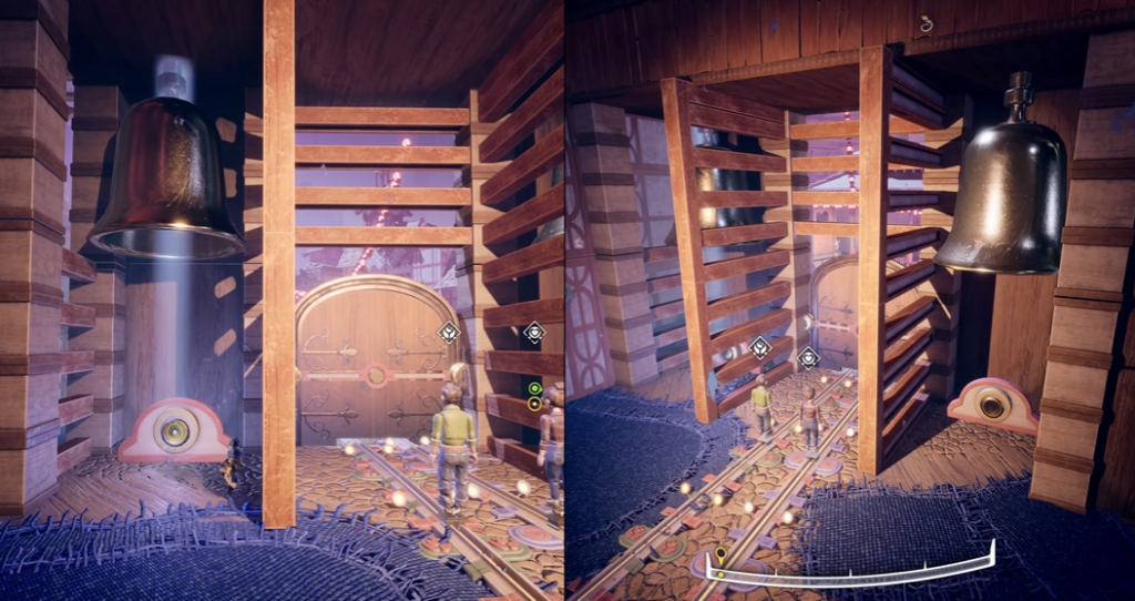 It Takes Two characters walking inside wooden bell tower