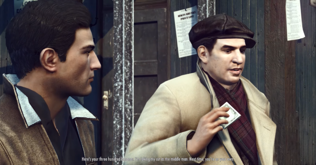 Two men discussing money outside building.