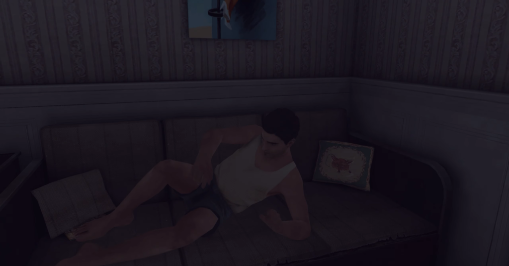 man lounging on couch, casual attire