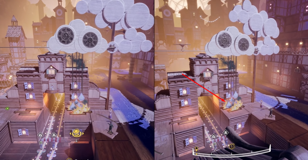 It Takes Two players aiming at wooden castle bridge