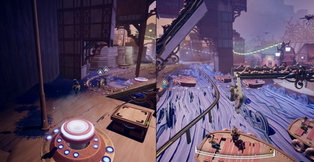 It Takes Two characters riding platforms in toy factory