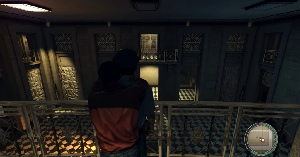 Man in red jacket embraces woman.