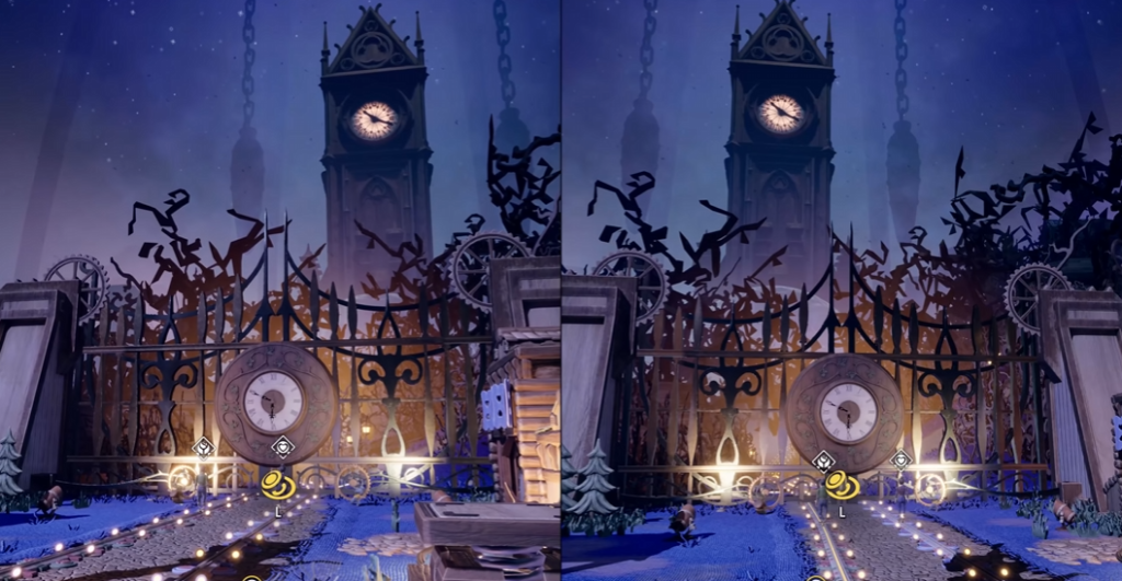 Split-screen clock tower behind iron gate at night