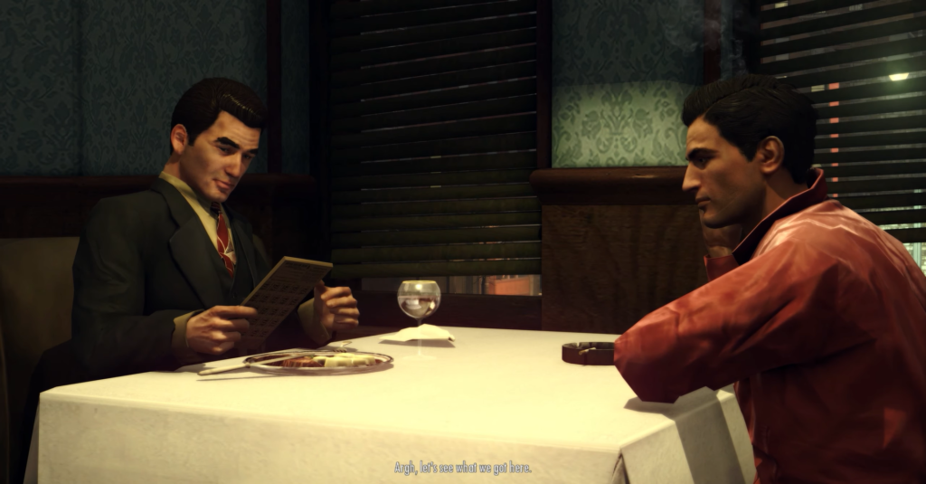 Two men dining at white table.