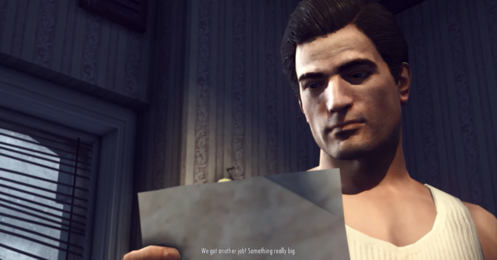 Man reading letter in white tank top.