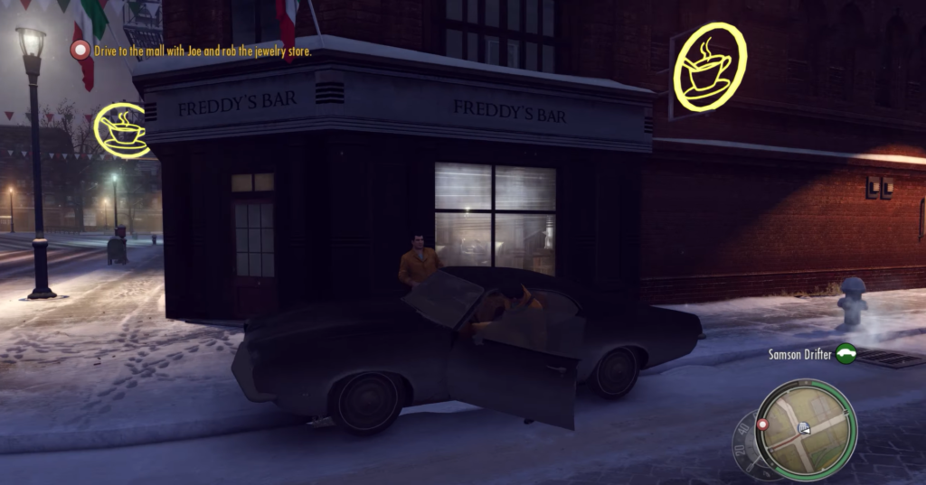 Man exiting car near Freddy's Bar.