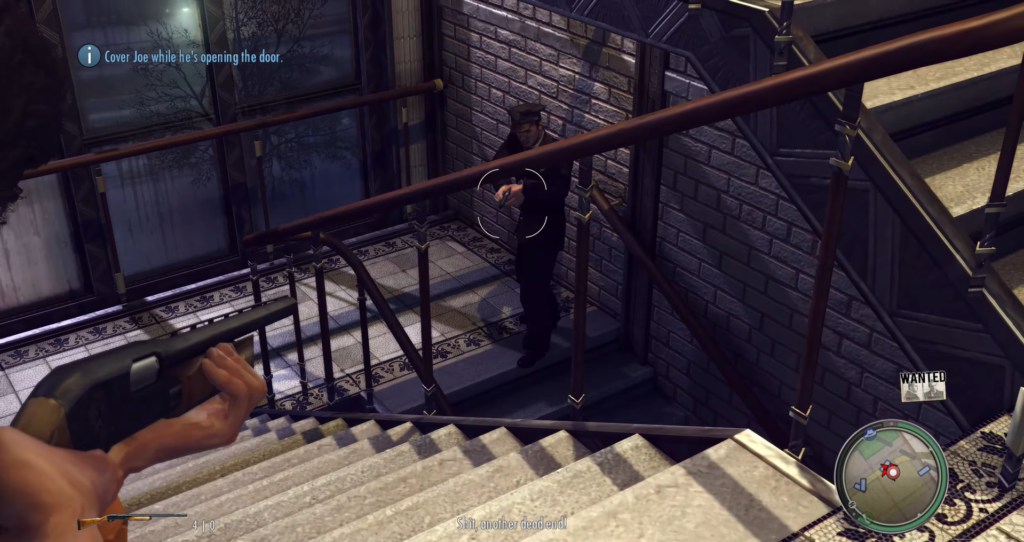 Character aiming gun down staircase.