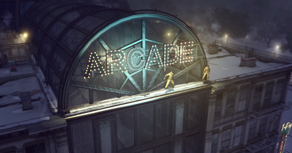 Two figures walking rooftop arcade sign.