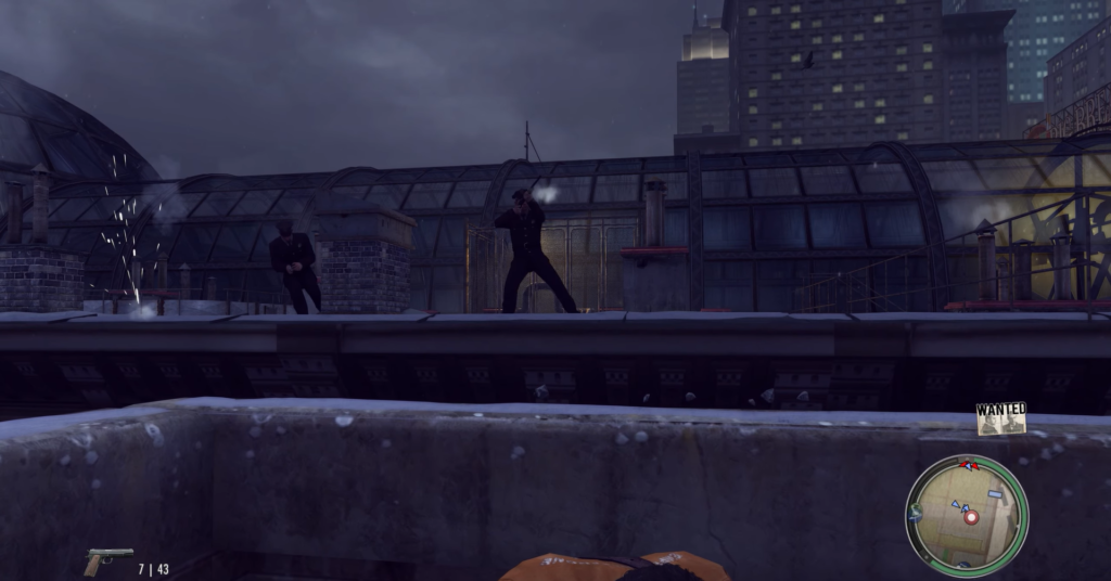 Two armed men on rooftop, cityscape.