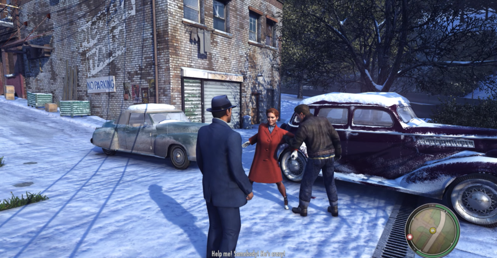 Woman in red dress confronts man.