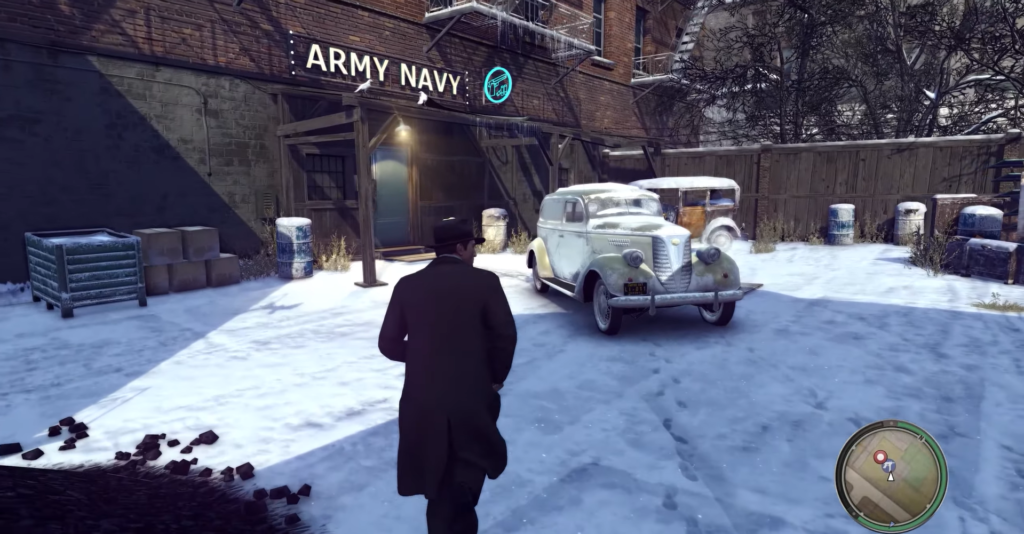 Man walking towards vintage white car.