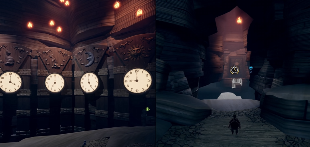 Clocks on wall and character running in cave