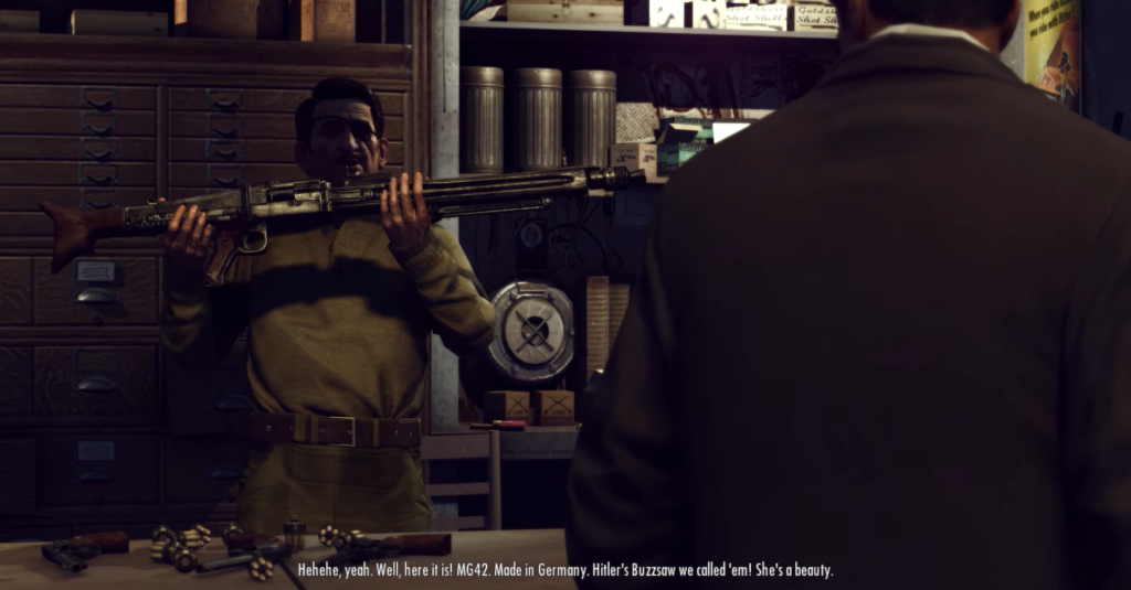 Man holds MG42 rifle, discussing history.