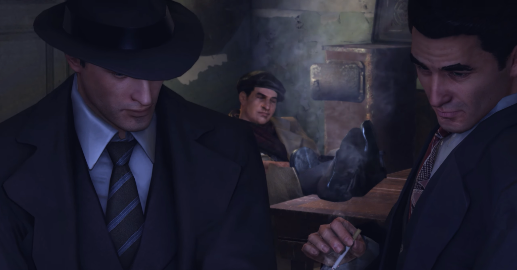 Three men in suits, smoky room.