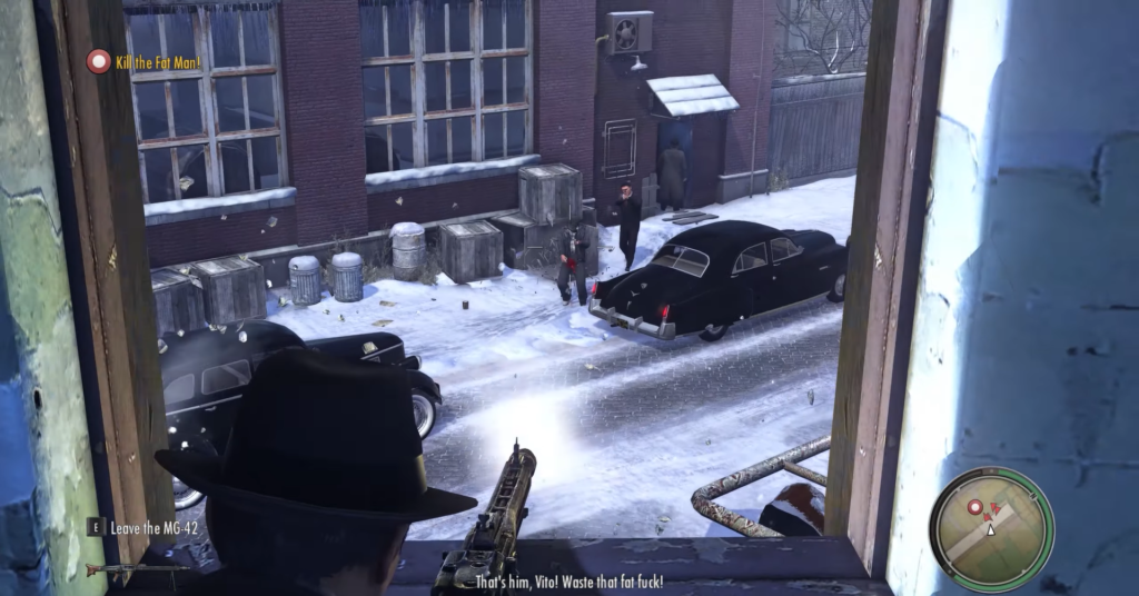 Man aiming gun from snowy window.