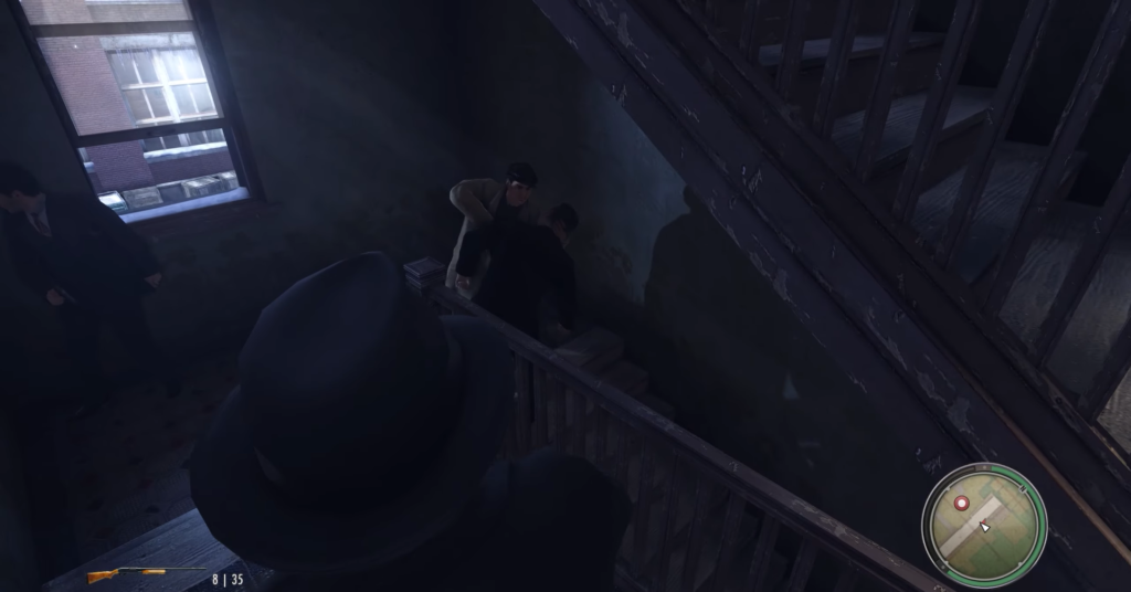 Two men fighting on staircase landing.