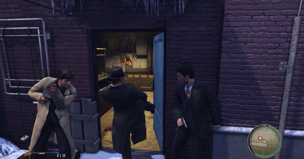 Three men in suits near doorway.