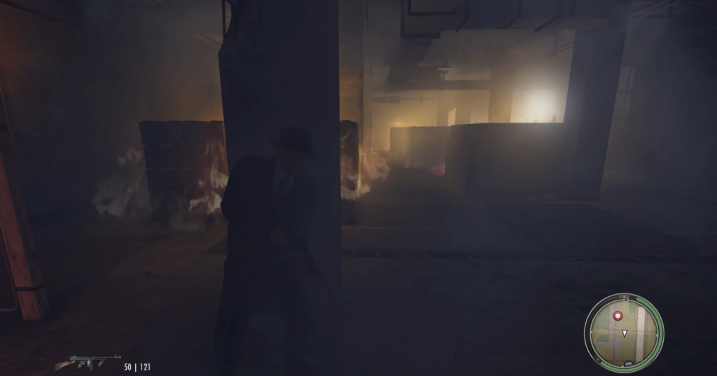 Man in suit hiding behind pillar.