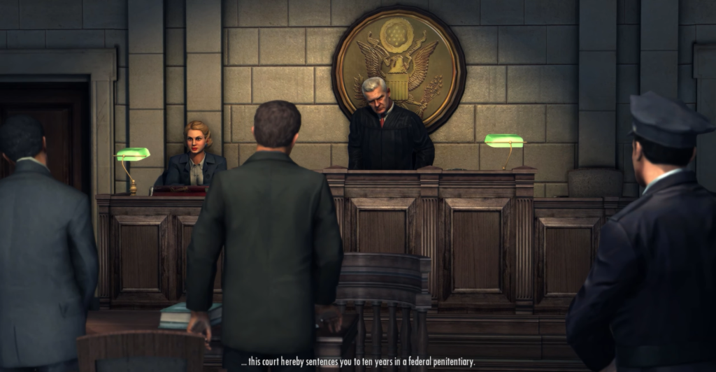 Judge sentencing man in courtroom scene.