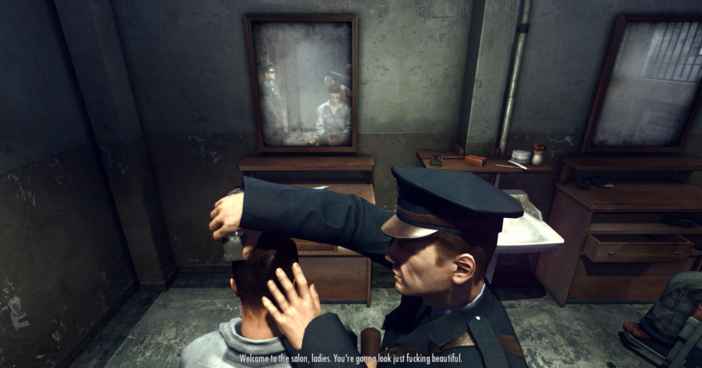 Police officer cutting man's hair salon.