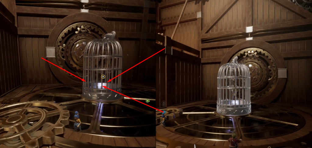 Two characters aim at hanging birdcage in wooden room