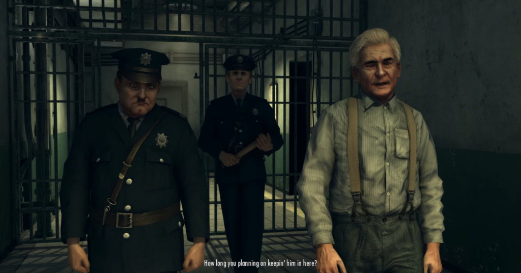 Three police officers in prison hallway.